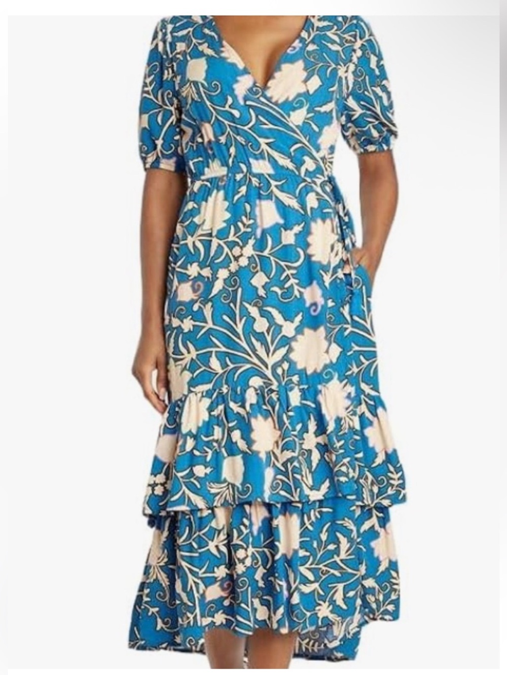 Knox Rose Blue Floral Wrap Midi Dress with Cream Print